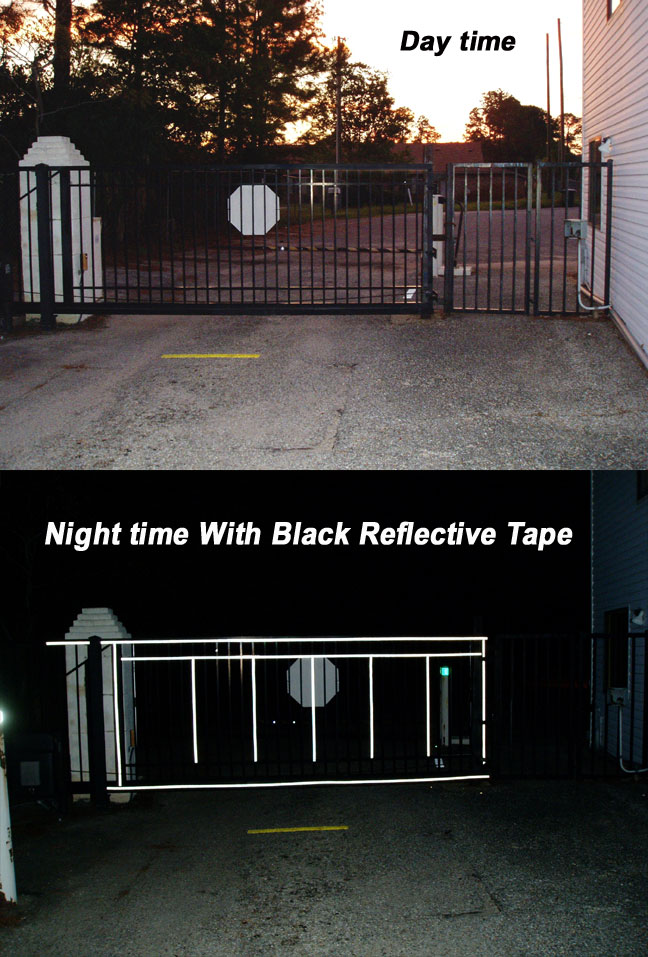 black reflective tape on a black decorative automatic gate